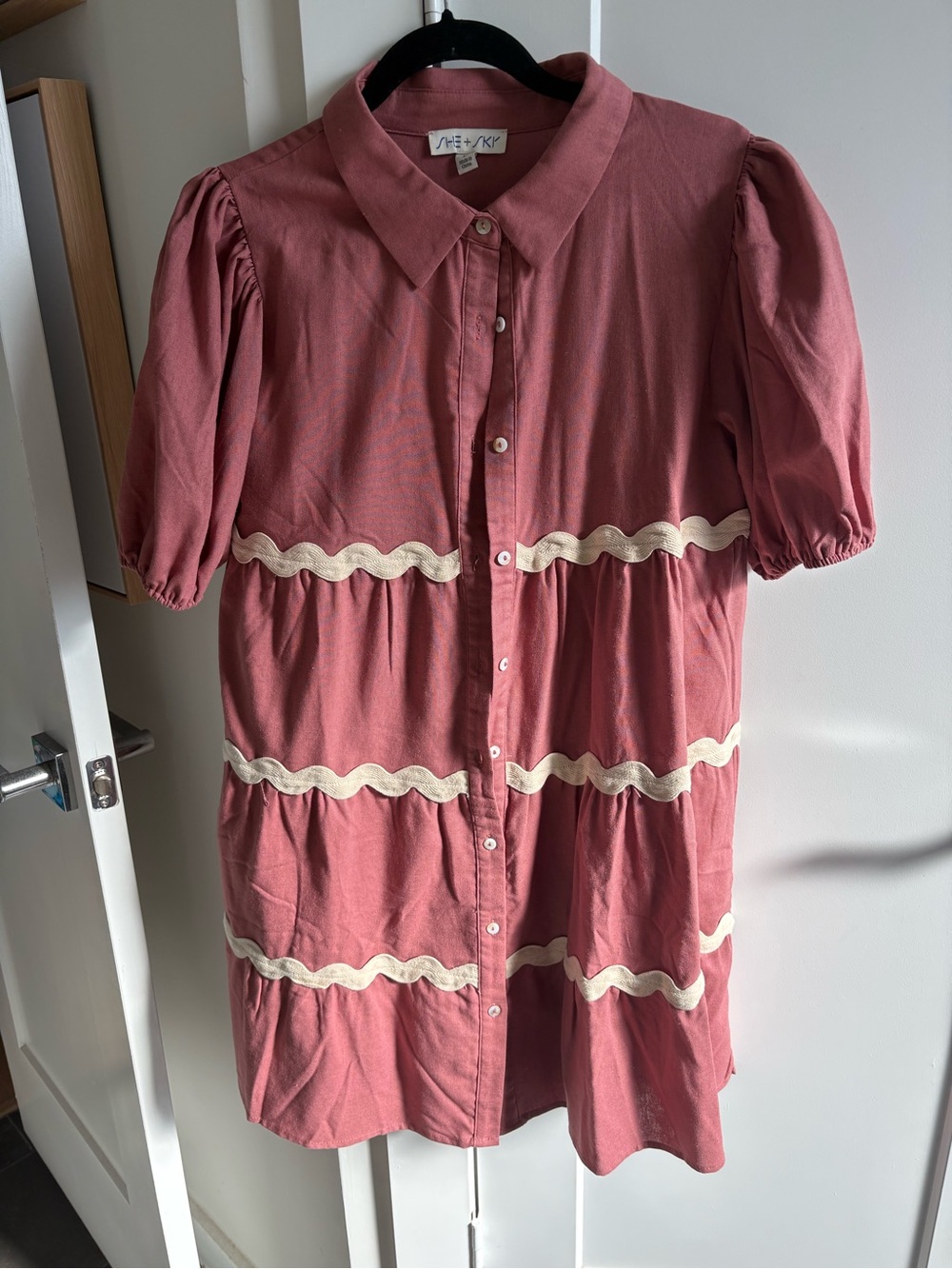 She + Sky Dusty Rose Tiered Button-Front Dress with Cream Trim